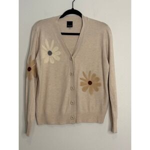 Aaeda Women‎ Beige Floral Intarsia V-Neck Button Front Cardigan Sweater Size S